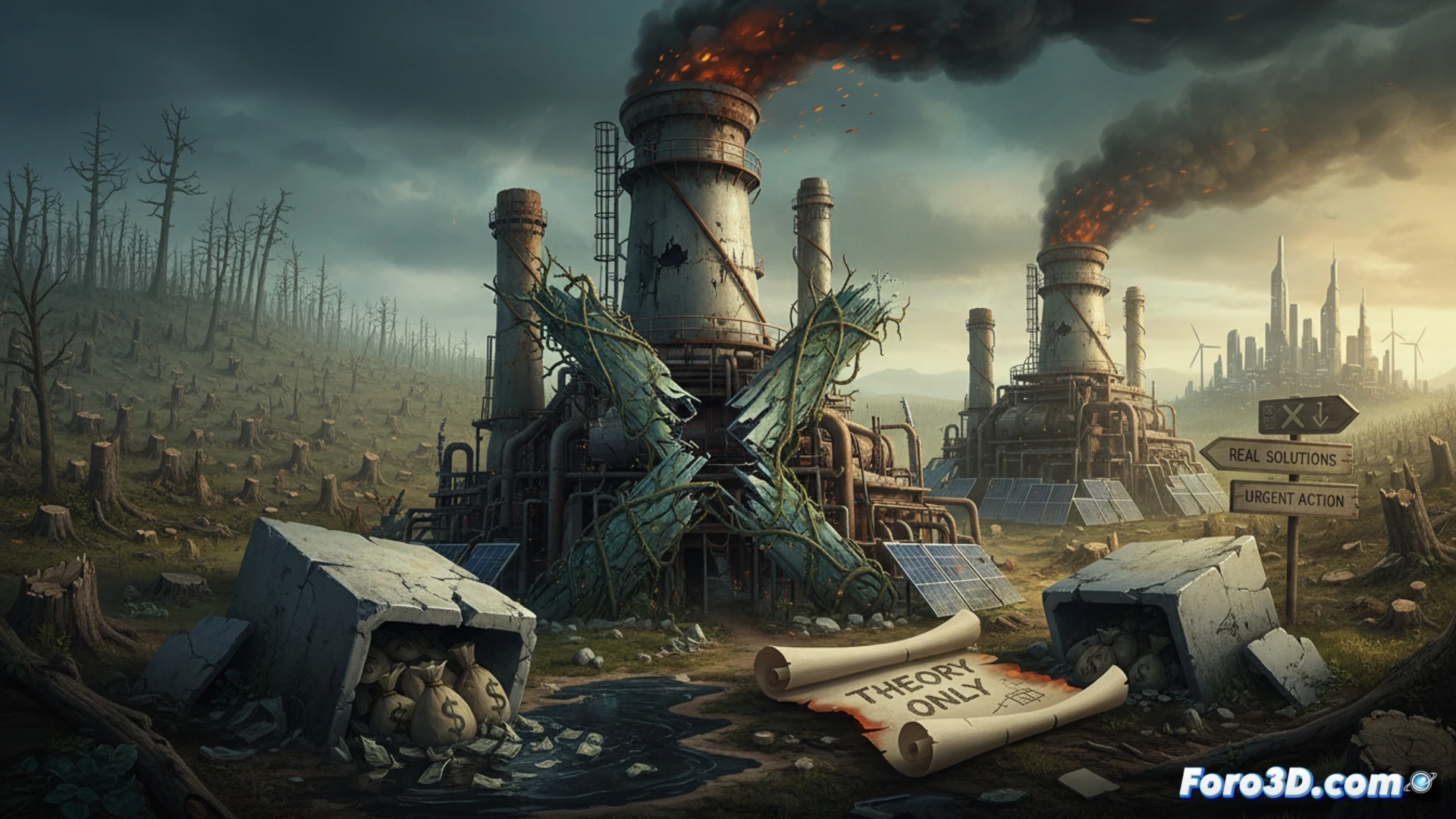 Representación 3D de una planta de bioenergía con captura de carbono, mostrando flujos de biomasa, emisiones y CO2 almacenado.