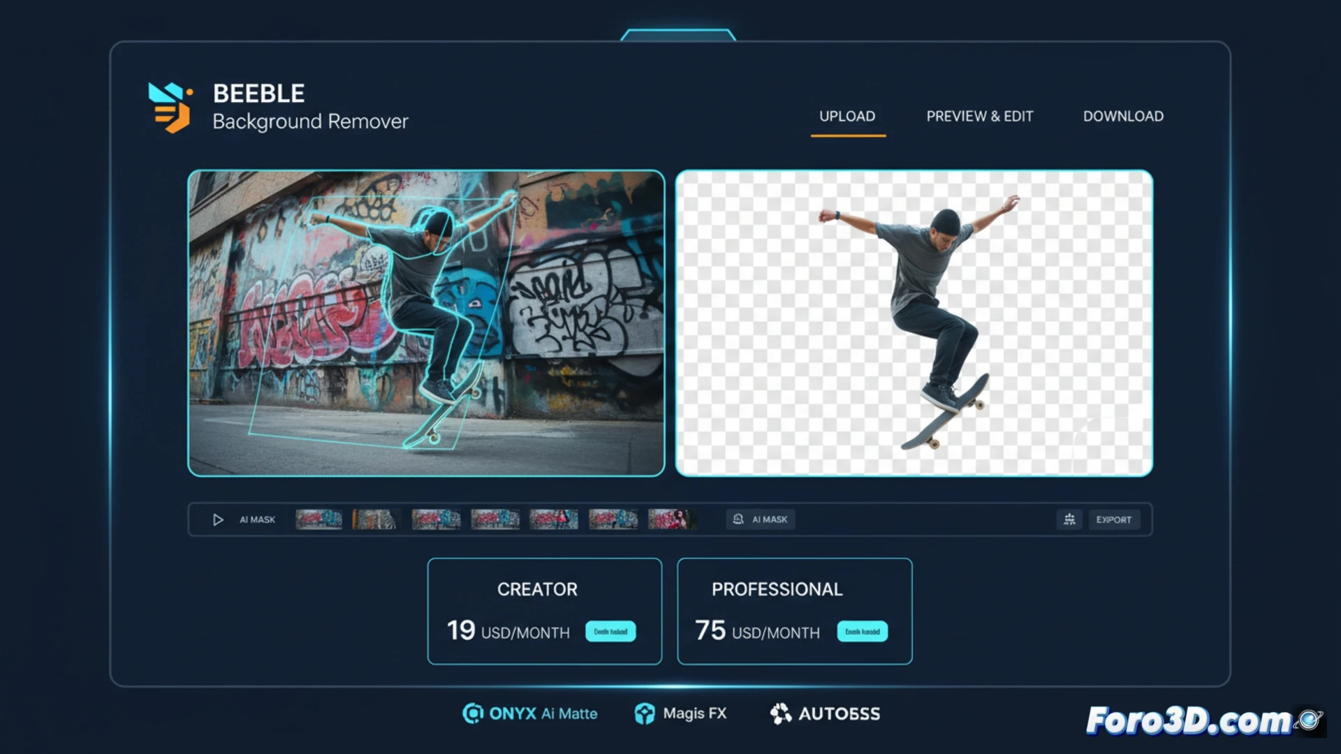 Servicio de IA que elimina fondos automáticamente en vídeo e imagen, generando máscaras alfa precisas para composición profesional.