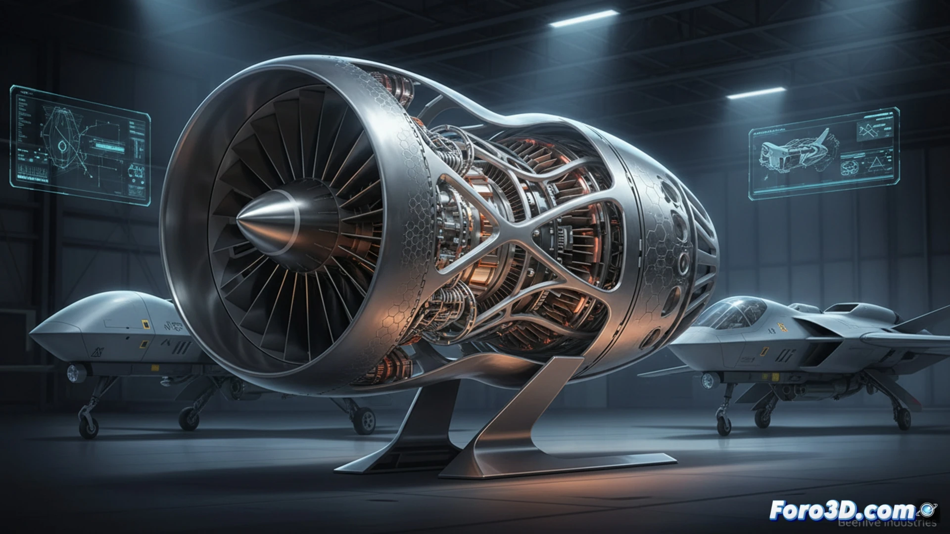 Motor Frenzy impreso en 3D sobre plano técnico, con logo de Beehive Industries y avión no tripulado de fondo.