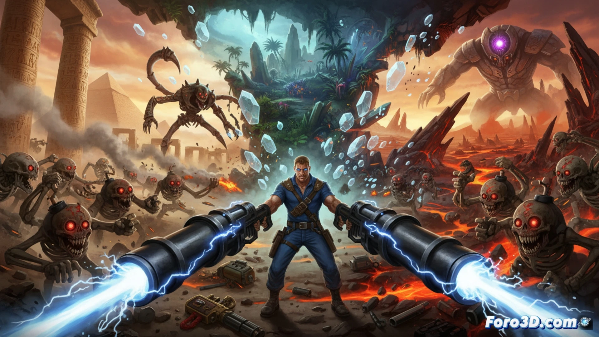 Un marine espacial dispara a hordas alienígenas en un caótico paisaje rojo, junto a otros dos jugadores cooperando.