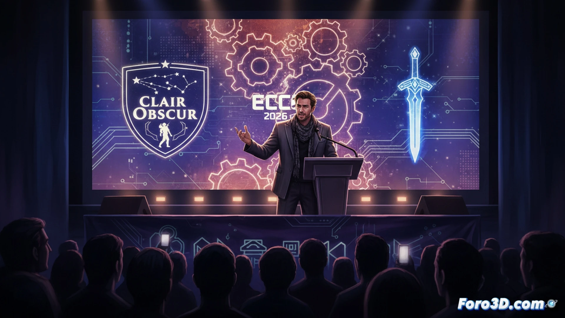 Ben Starr en un escenario, hablando con pasión. Detrás, una pantalla muestra un contraste: un gran logo AAA reciclado frente a pequeñas, vibrantes IPs independientes.