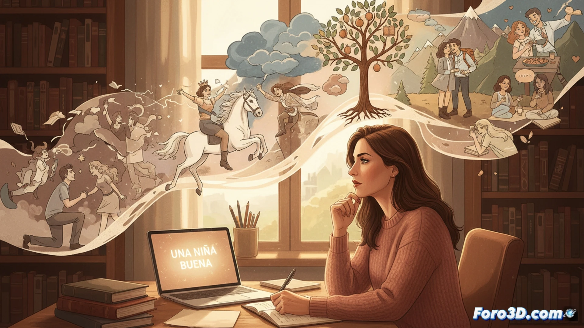 Una mujer reflexiona frente a sus libros, simbolizando una revisión literaria y autocrítica madura.