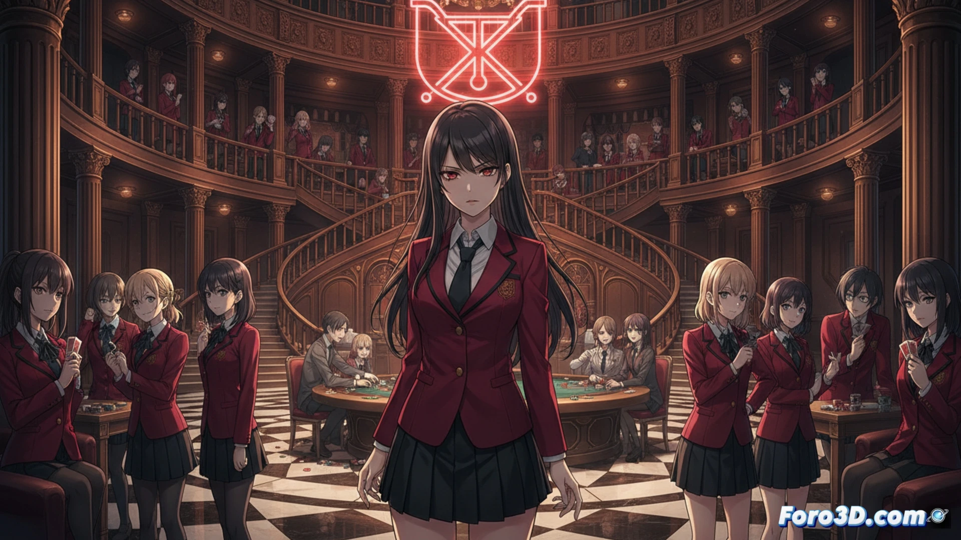 Joven Yumeko en uniforme escolar, rodeada de fichas de póker flotantes, enfrenta a un rival en un ring de artes marciales bajo luces de neón rojas.