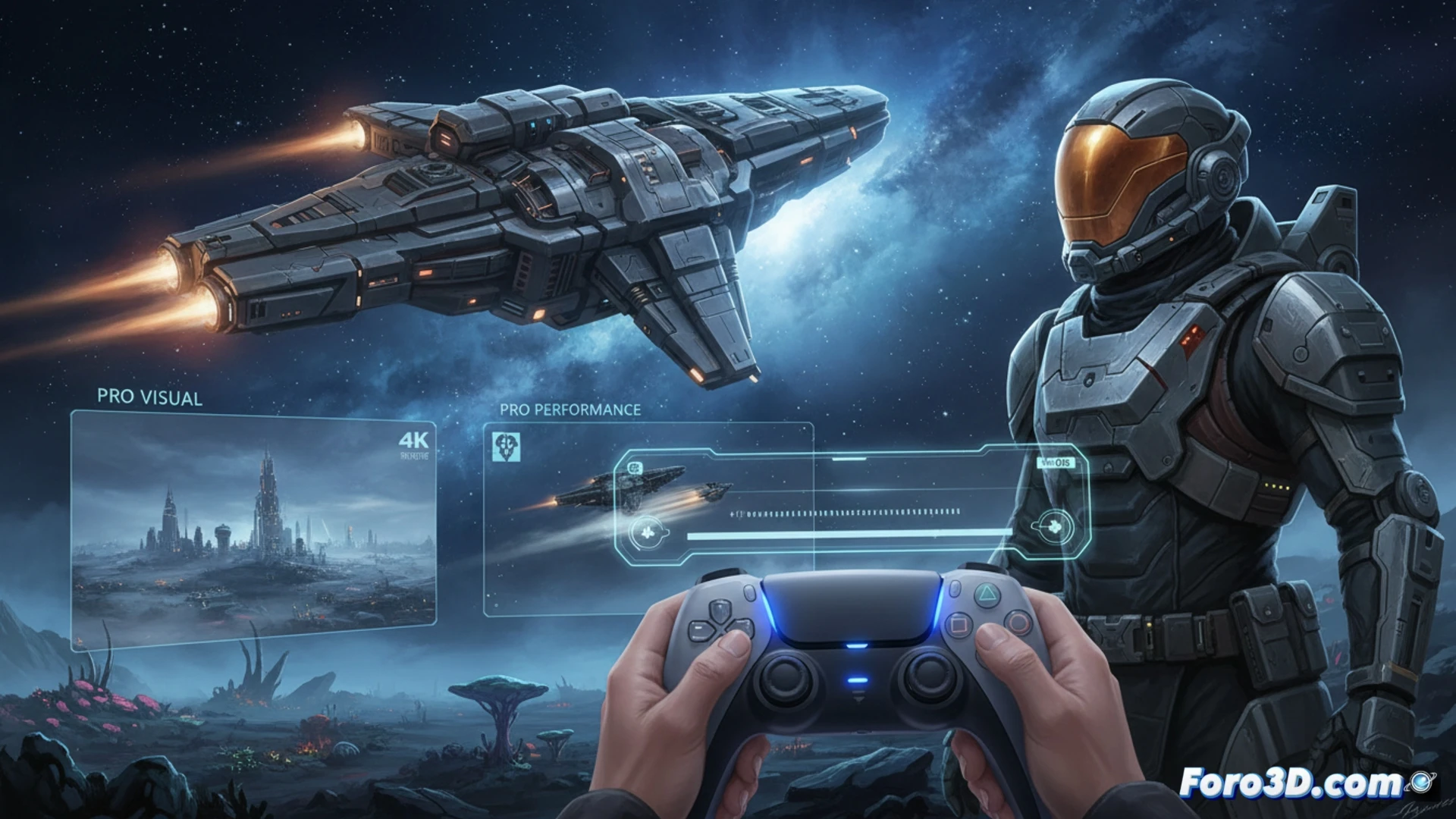 Imagen promocional de Starfield en PS5 Pro, mostrando gráficos nítidos y controles DualSense mejorados.