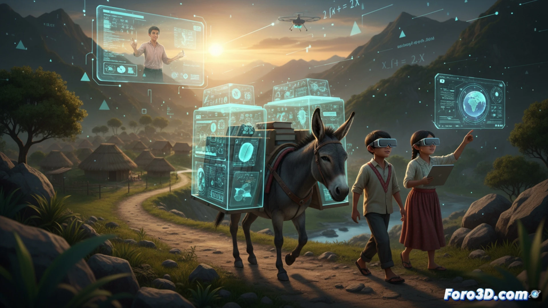 Un burro cargando una caja con libros y una tableta que muestra un modelo 3D del sistema solar, en un paisaje rural.