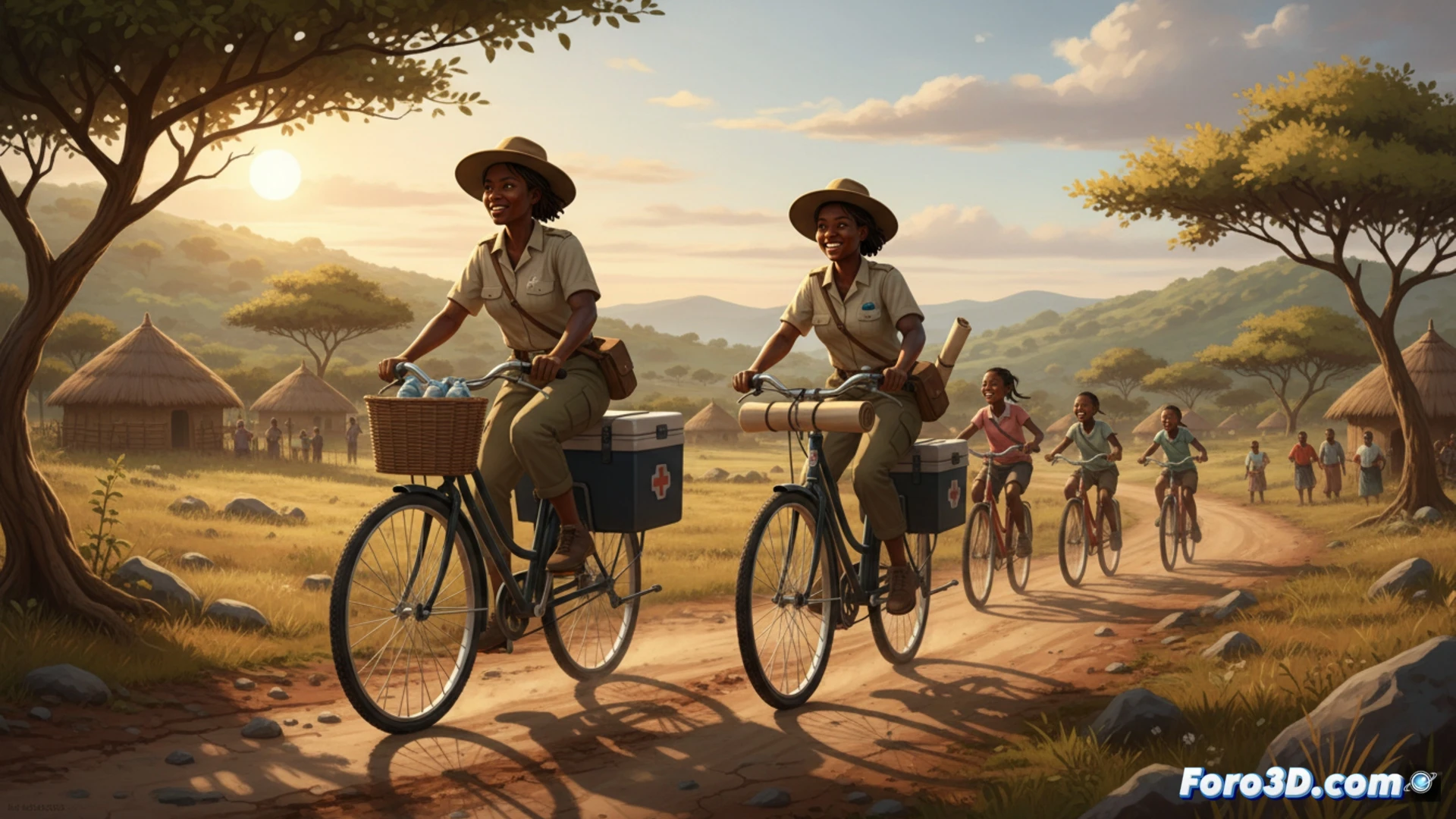 Trabajador sanitario en bicicleta por camino rural de Zimbabue, llevando vacunas contra el VPH a niñas en aldeas remotas.