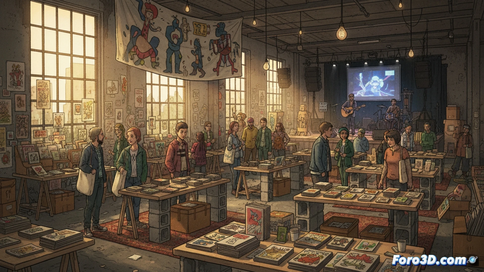 Una sala abarrotada con mesas de artistas exhibiendo sus cómics artesanales, en un ambiente íntimo y sin grandes stands.