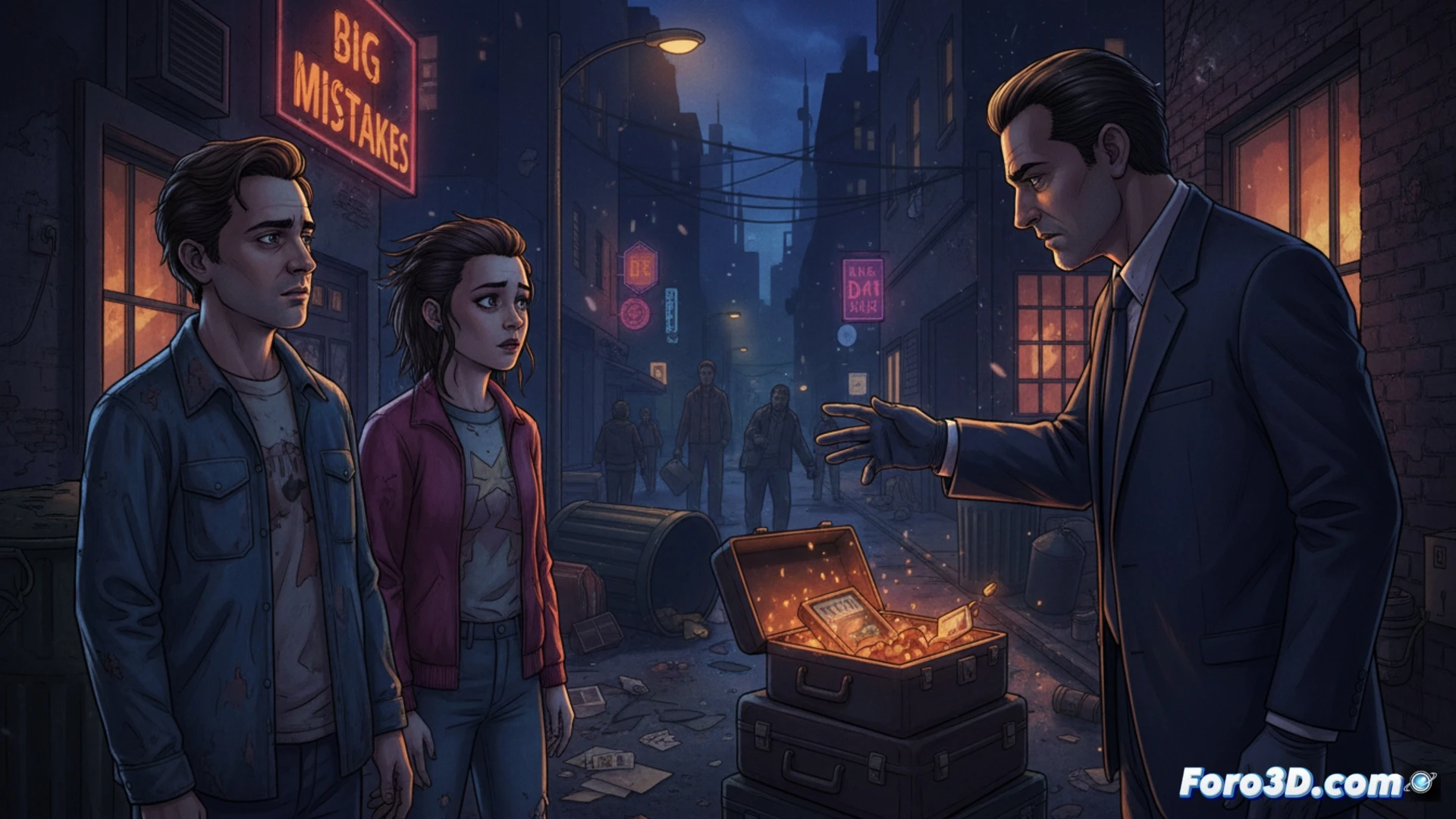 Dos hermanos desconcertados frente a un maletín, en una escena caótica de crimen y comedia forzada.