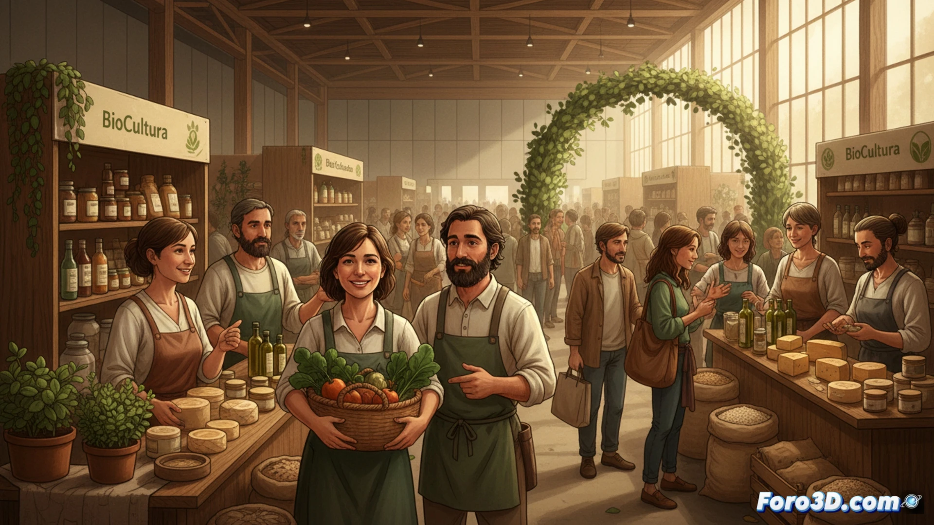 Un bullicioso mercado en La Farga, lleno de cestas de frutas y verduras ecológicas, con carteles de pequeños productores y un cartel de BioCultura 2026 al fondo.