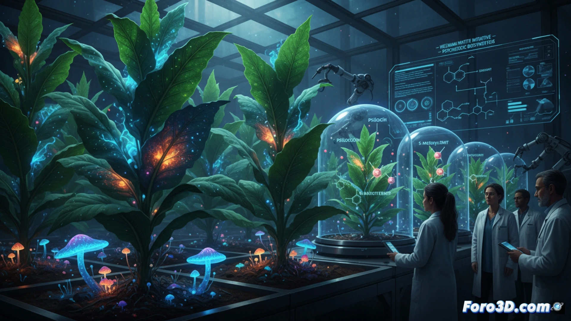 Planta de tabaco modificada genéticamente con redes de raíces y moléculas psicodélicas flotando a su alrededor, visualización 3D.