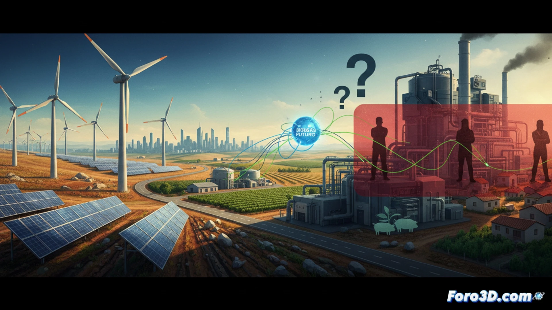 Mapa 3D de España mostrando proyectos de biogás y zonas de conflicto por oposición ciudadana.