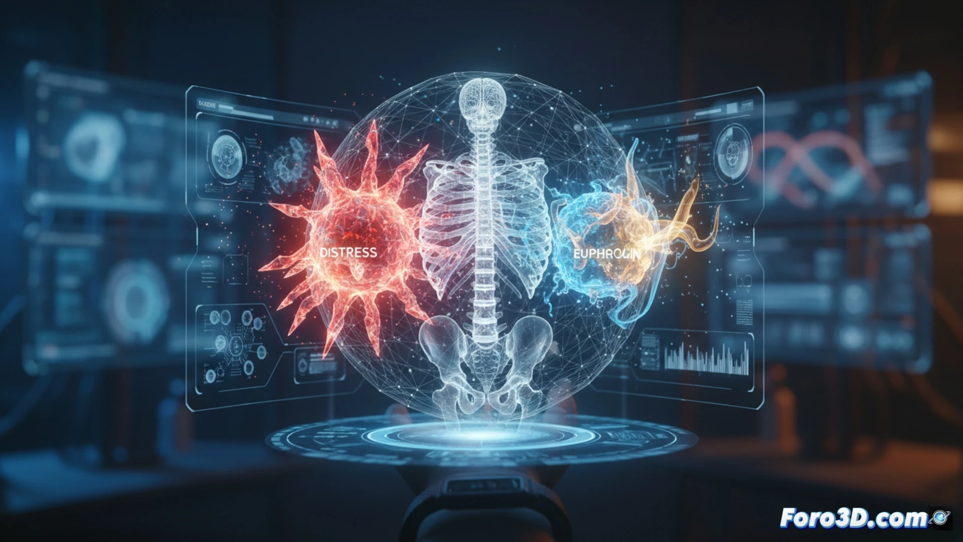 Modelo 3D interactivo de un hueso liberando osteocalcina en el torrente sanguíneo durante una situación de estrés.