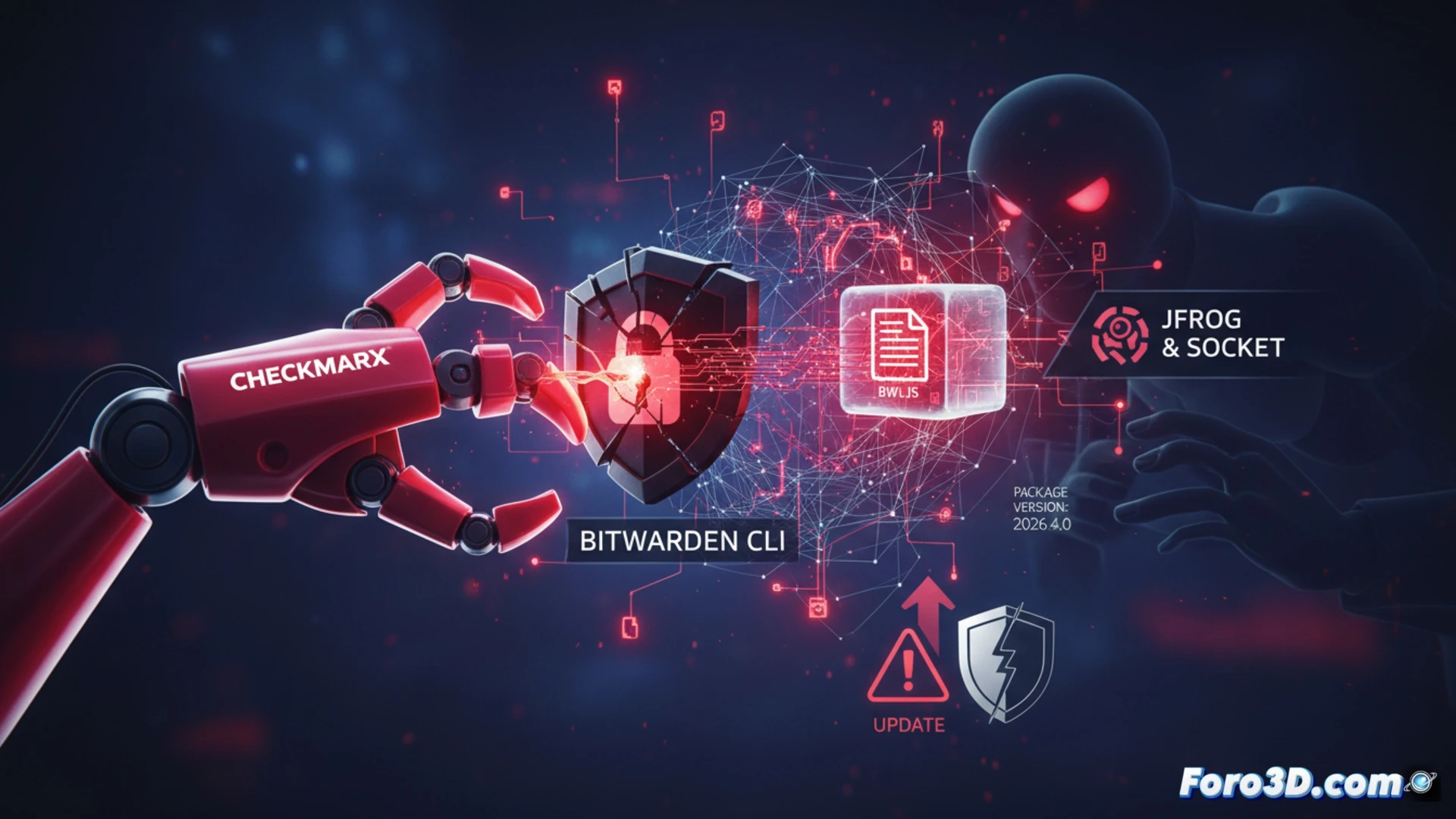 Un administrador de contraseñas con candado roto y un código malicioso en la terminal, fondo oscuro con alertas de seguridad.