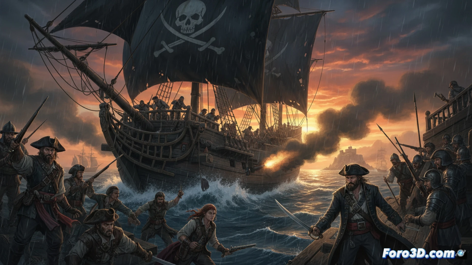 Un galeón pirata navega en aguas turbulentas bajo un cielo amenazante, con bandera negra ondeando.