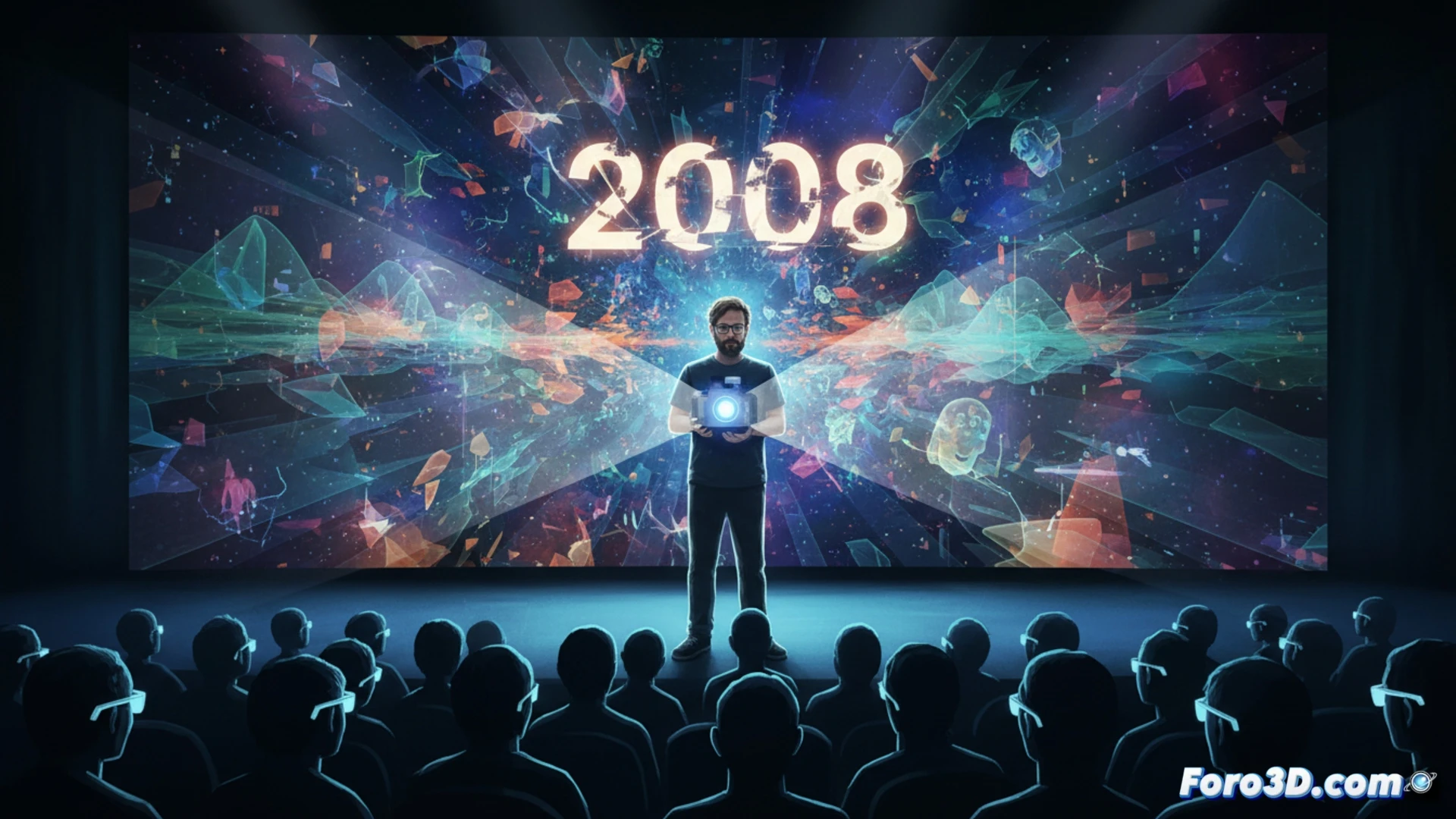 Una pantalla de cine 3D proyecta formas abstractas que exploran la memoria y la percepción sensorial.