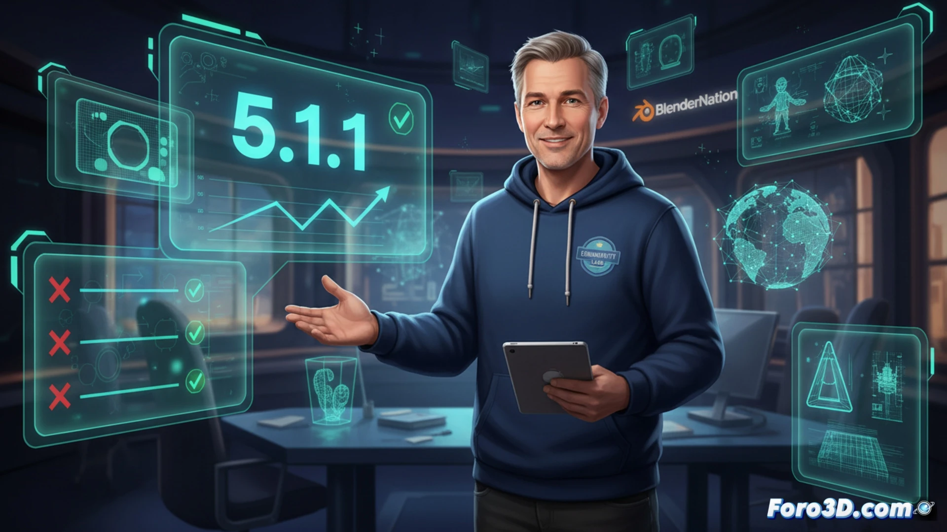 Una pantalla con Blender 5.1.1 abierto, mostrando el menú de 'Acerca de' y una lista de correcciones de errores.