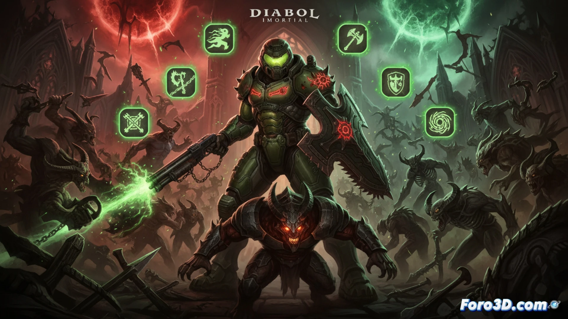 Un guerrero enfrenta demonios en Santuario, ahora fusionado con la estética industrial y caótica de Doom.