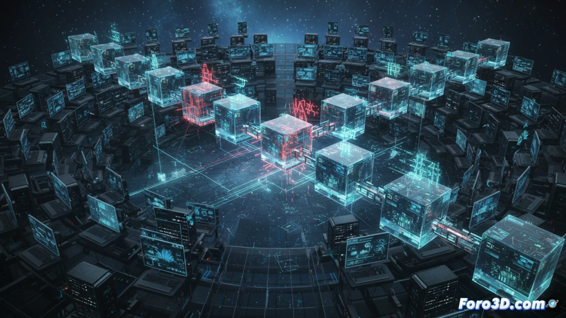 Ilustración de un libro contable digital con cadenas de bloques brillantes, custodiado por un hacker frustrado frente a pantallas de código.