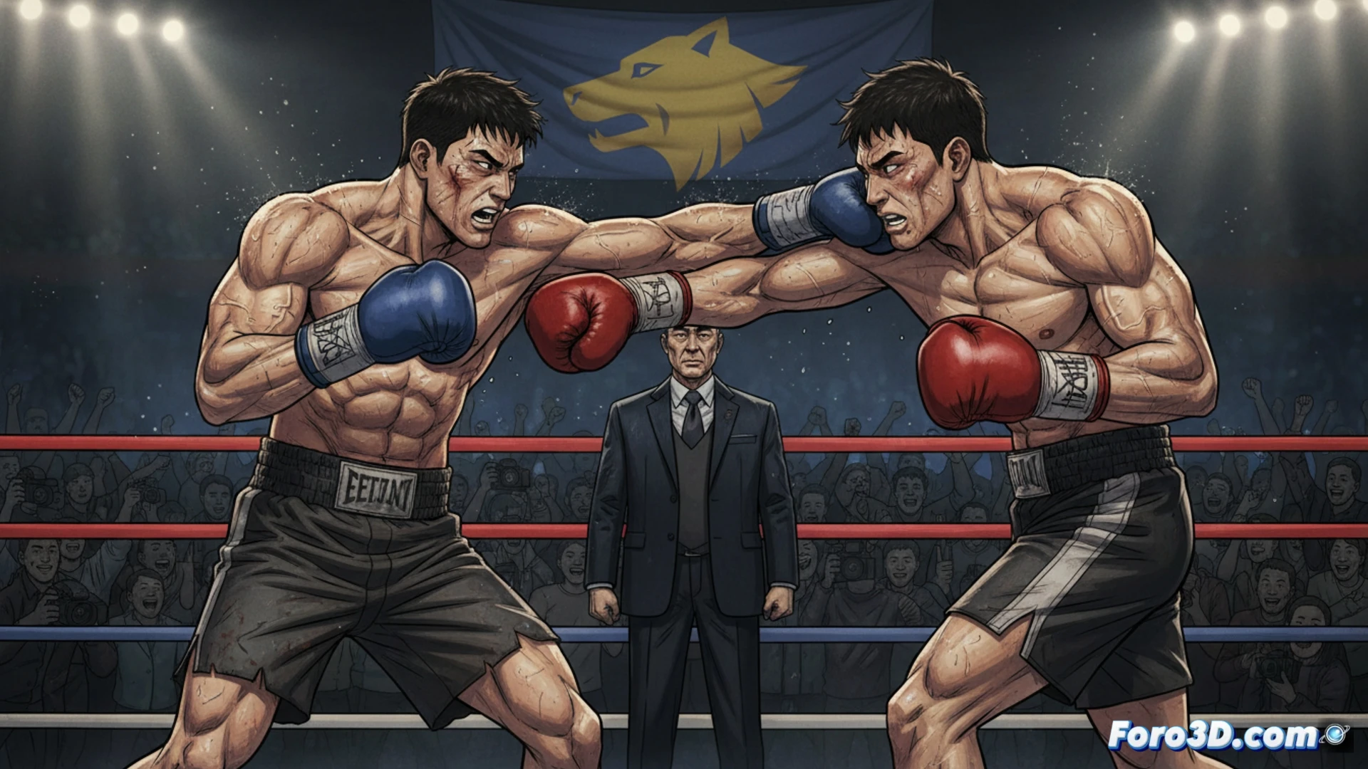 Dos boxeadores en un ring iluminado por neones, con sombras de gánsteres al fondo y el logo de Netflix en rojo sangre.