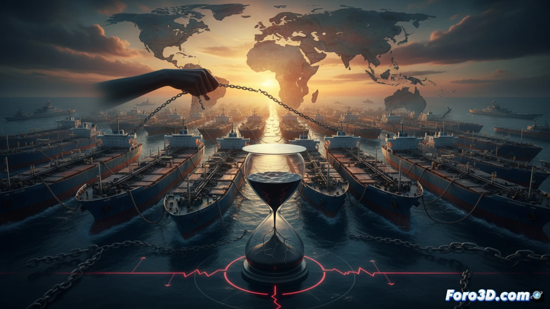Mapa 3D del Estrecho de Ormuz mostrando rutas de petroleros y puntos de estrangulamiento geopolítico.