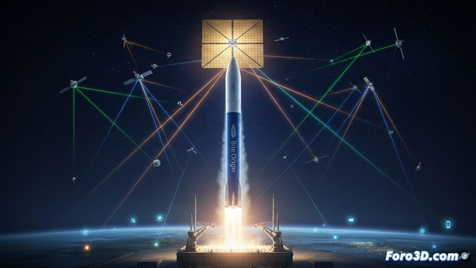 Un cohete New Glenn despega hacia órbita, rompiendo el monopolio de lanzadores pesados reutilizables.