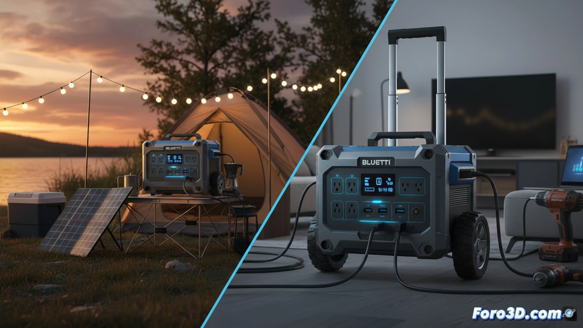 Una estación de energía portátil con ruedas y asa extensible, sobre un fondo de naturaleza.