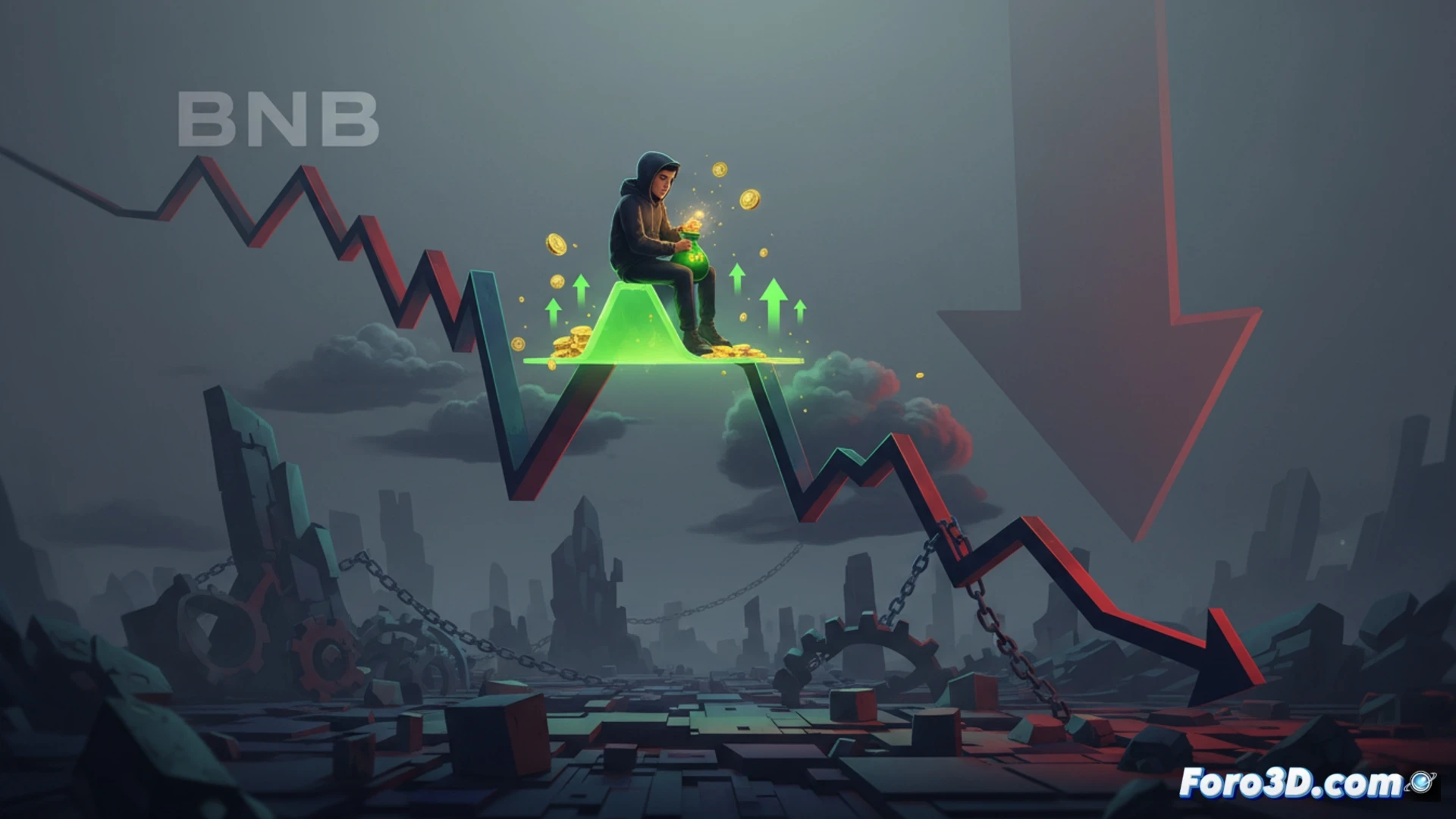 Un gráfico de velas muestra a BNB subiendo dentro de un canal rojo descendente, indicando un rebote técnico en tendencia bajista.