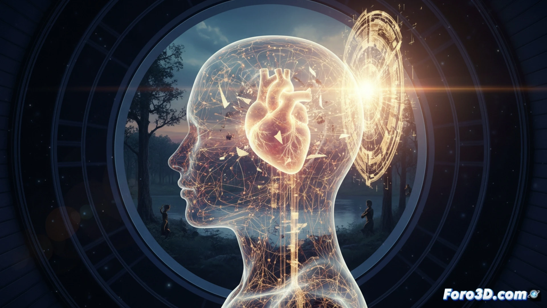 Una persona medita, con un mapa cerebral superpuesto que conecta sensaciones corporales con áreas de calma mental.