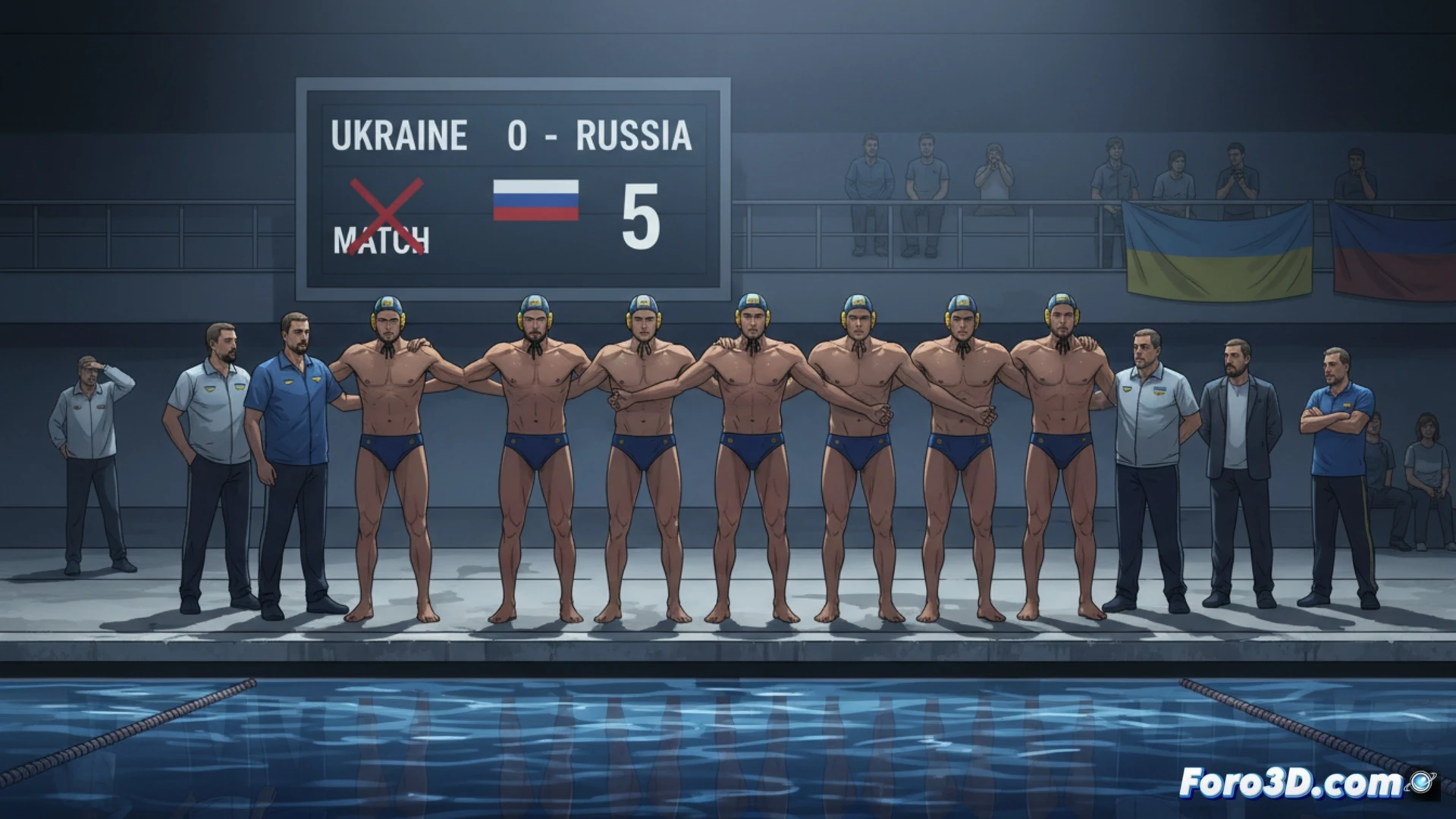 Un equipo de waterpolo en pie al borde de la piscina, negándose a entrar mientras sus rivales esperan en el agua.