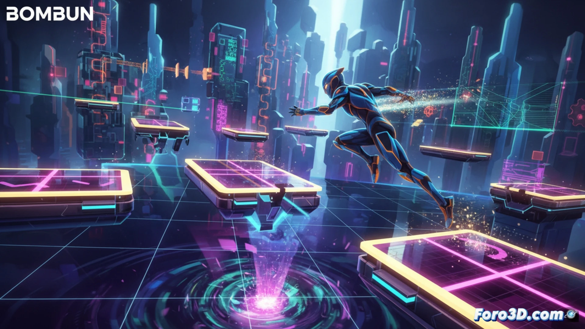 Un jugador se mueve con precisión quirúrgica por un entorno 3D dinámico y geométrico, bajo un ritmo acelerado.