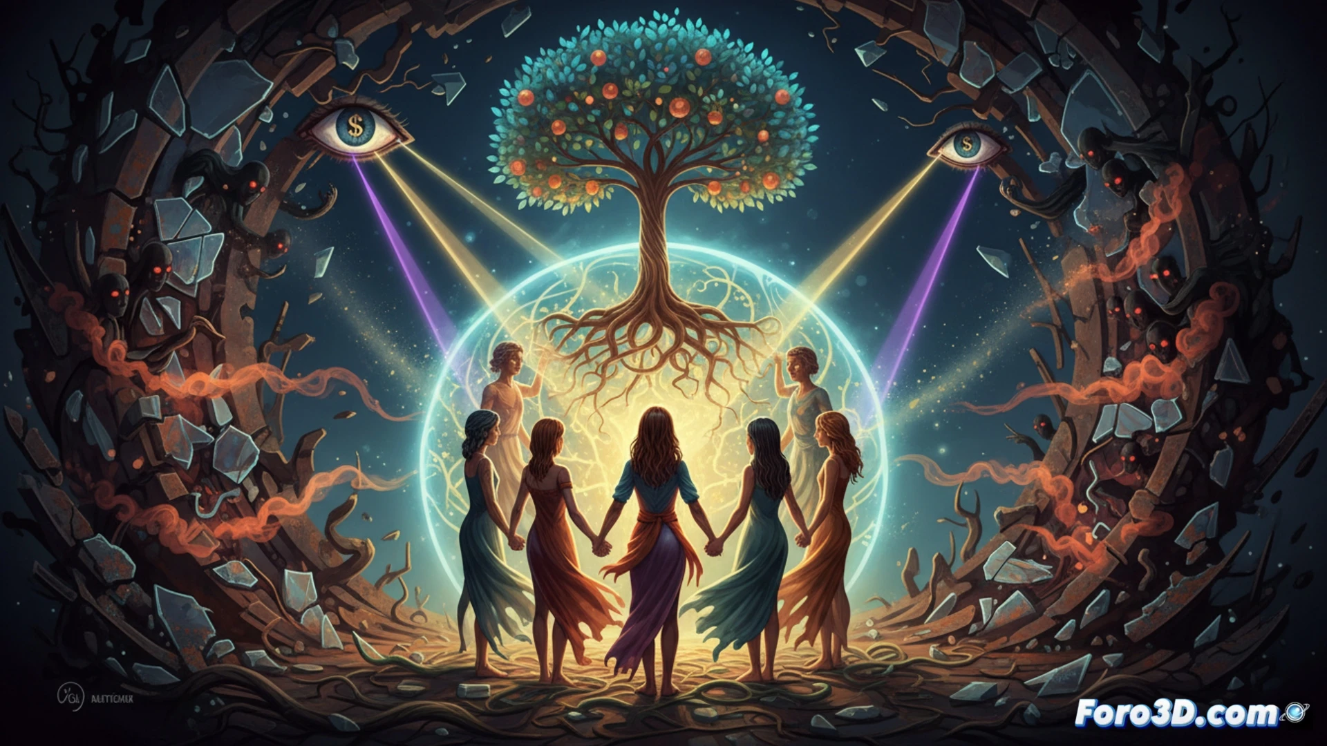 Una multitud diversa forma un gran corazón humano, desafiando a figuras sombrías que reparten miedo y división.