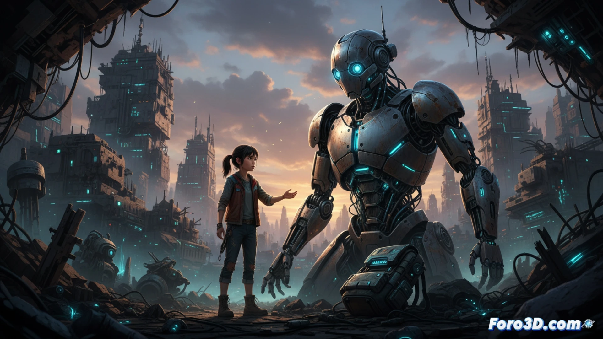 Una niña observa un enorme robot destrozado en un futuro distópico, bajo un cielo apocalíptico.