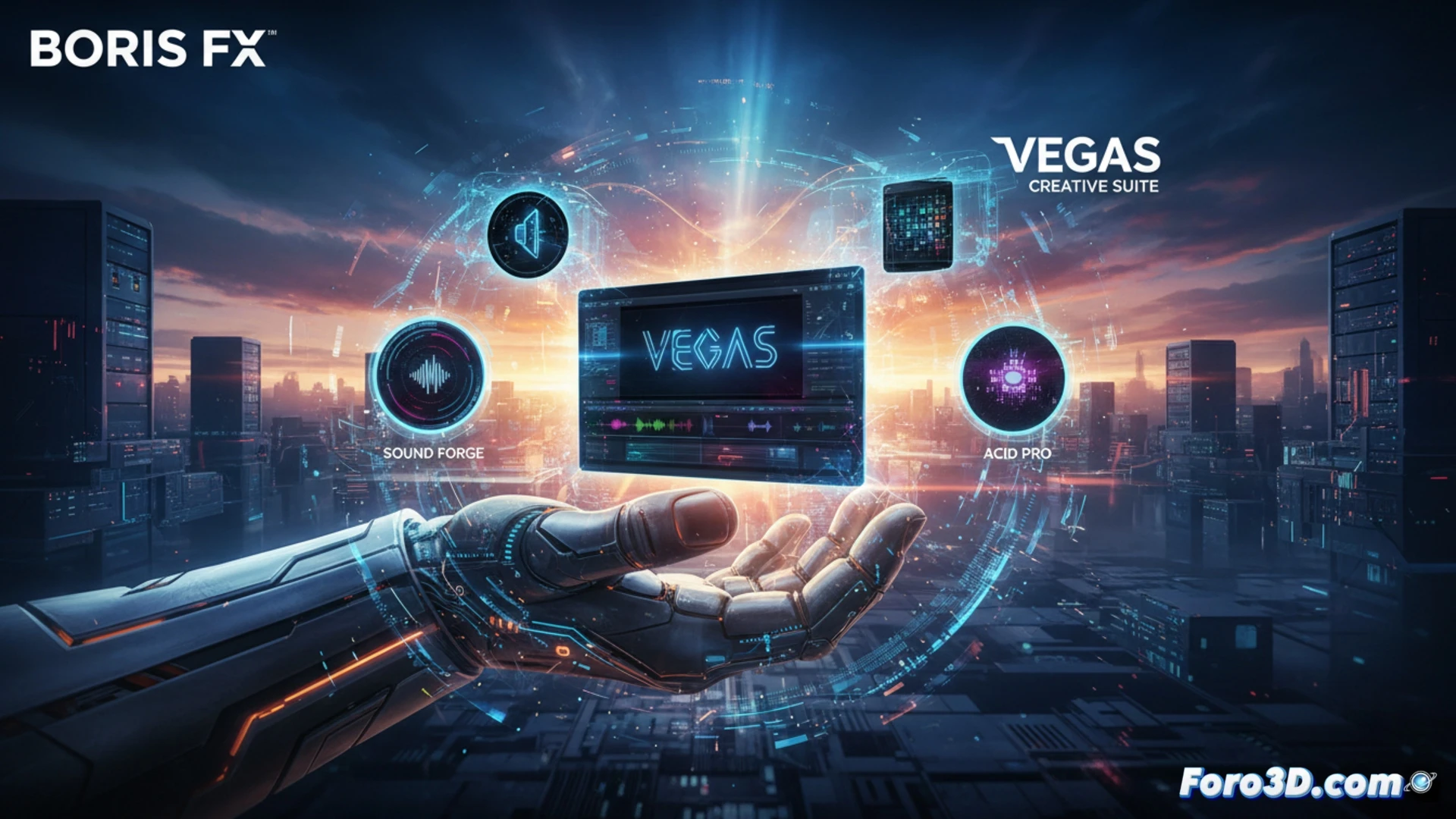 Imagen: Un escritorio moderno con tres iconos brillantes (Vegas Pro, Sound Forge, Acid Pro) pasando de un logo MAGIX a un logo Boris FX, simbolizando la adquisición.