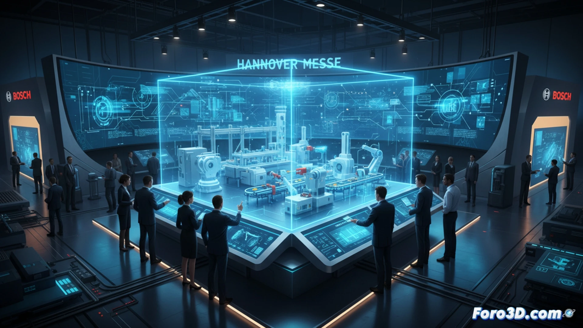 Stand de Bosch en Hannover Messe mostrando una simulación digital de una línea de producción industrial.