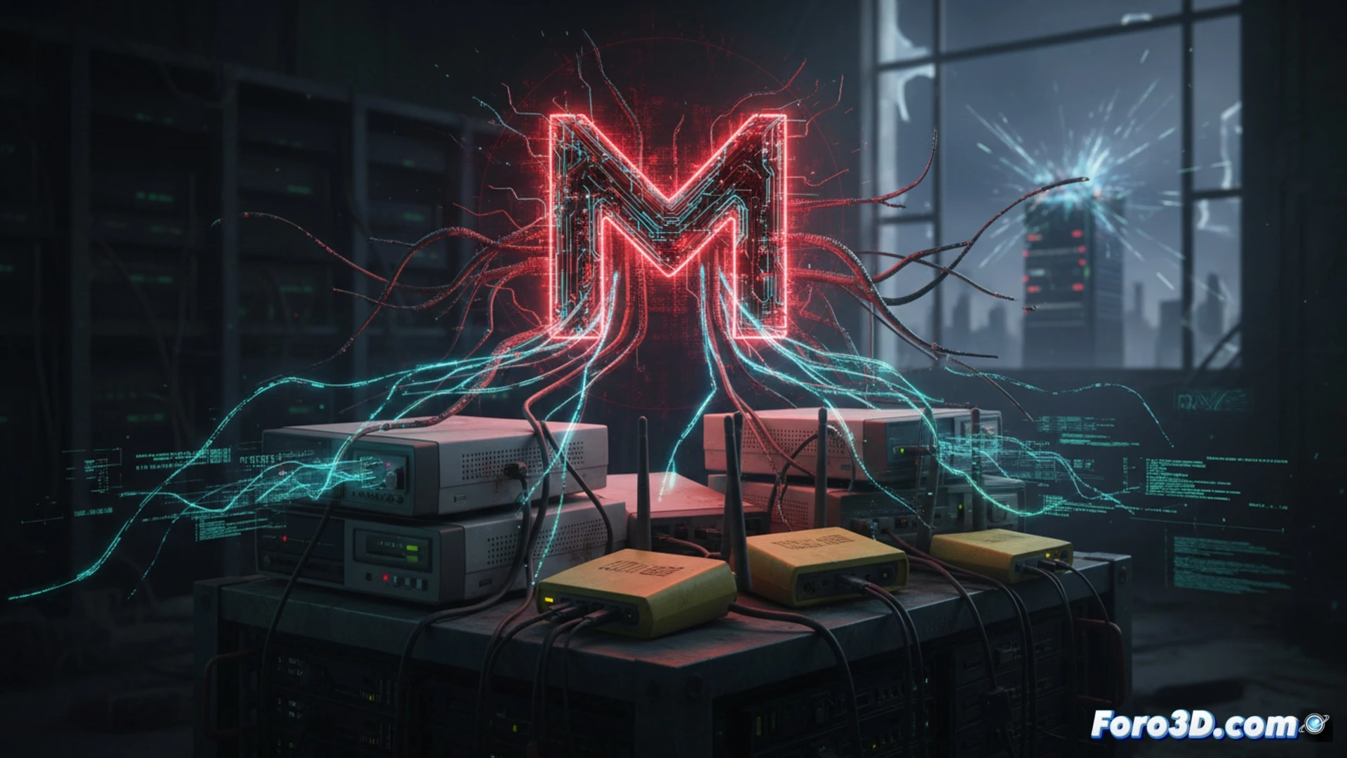 Diagrama de una botnet Mirai atacando servidores mediante dispositivos IoT comprometidos como routers y DVR.