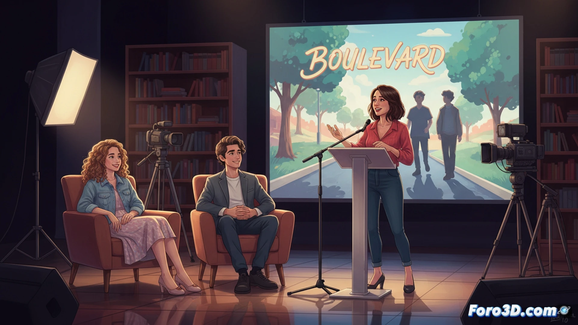 Una pareja adolescente conversa con mirada sincera, en un boulevard otoñal que refleja la confusión y esperanza del primer amor.