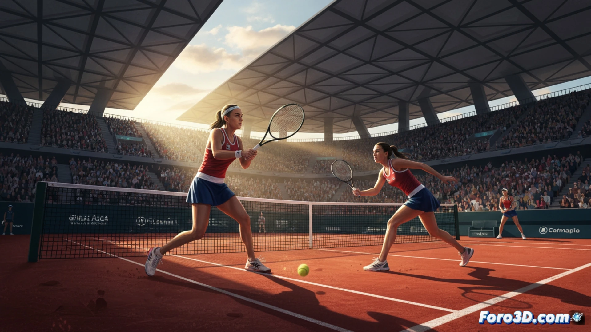 Tres tenistas españolas en tierra batida: dos cabizbajas saliendo de la pista, una celebrando en el centro de la Caja Mágica.