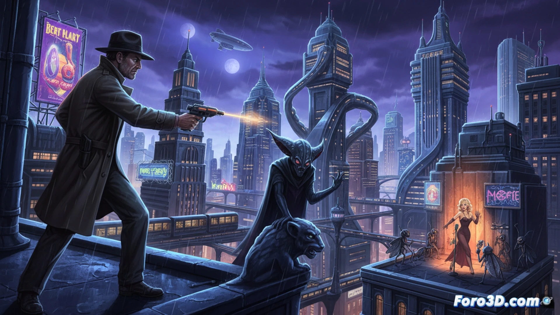 Un detective en una ciudad futurista noir, entre rascacielos retro y sombras alienígenas.