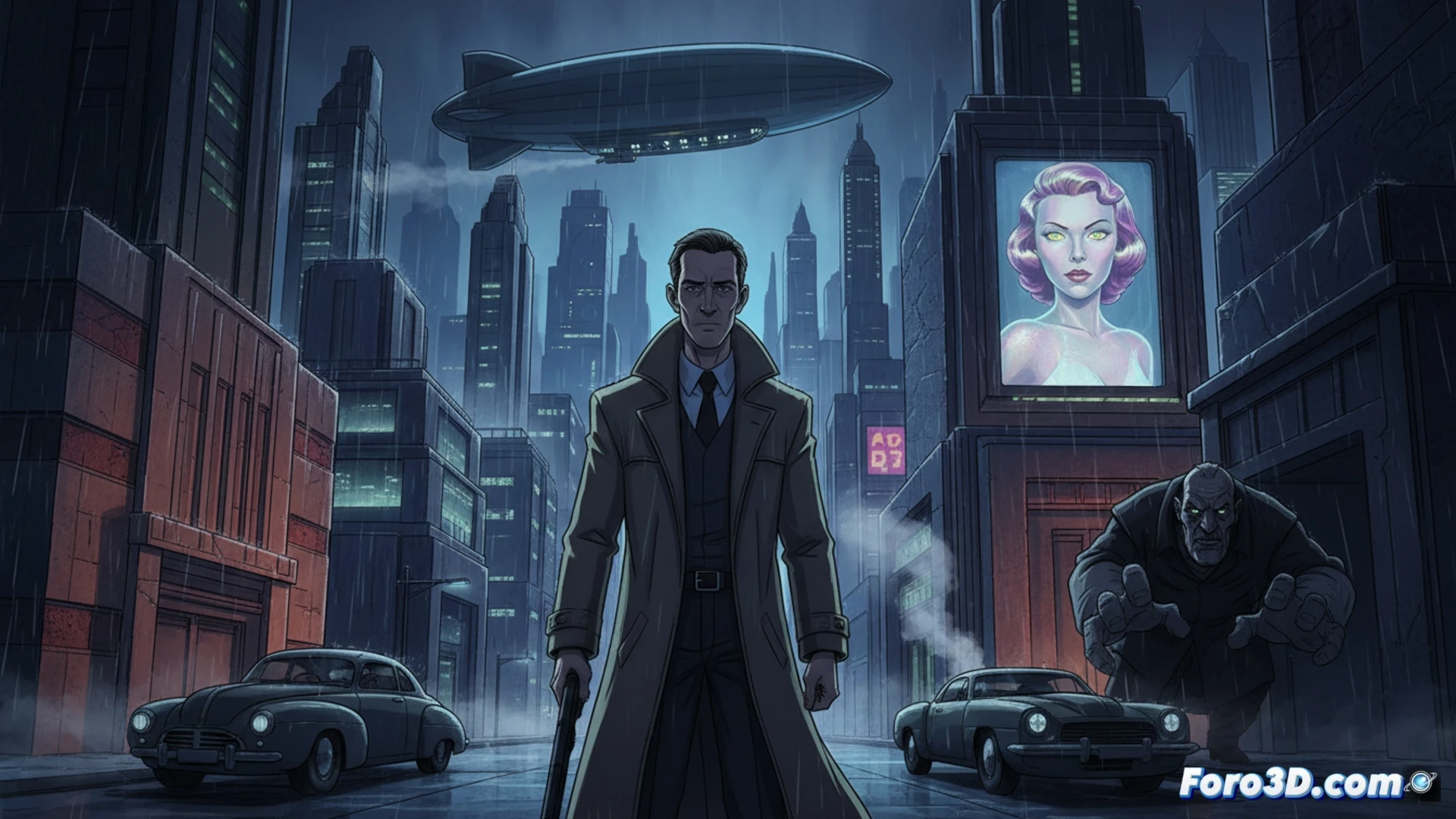 Un detective en una ciudad futurista noir, bajo la lluvia y luces de neón.