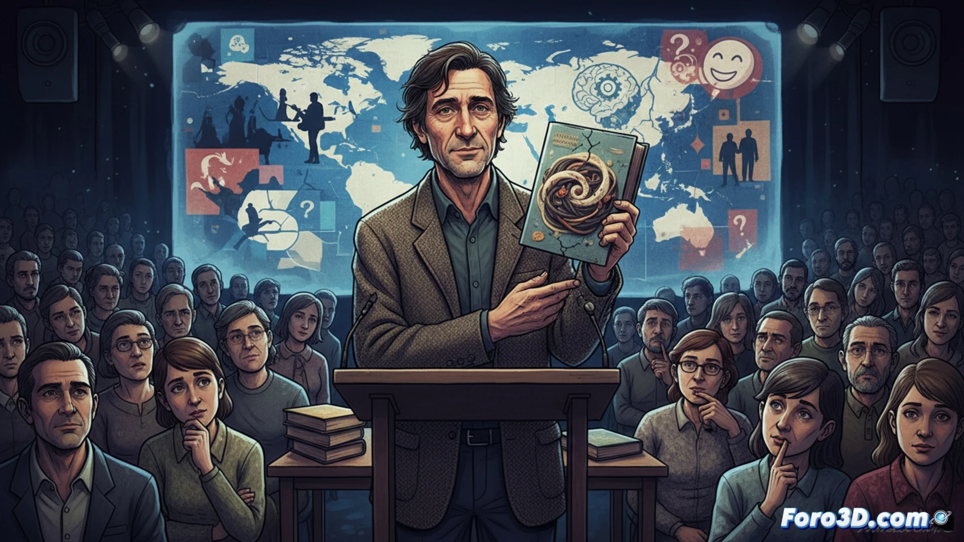 Un libro abierto sobre un mapa mundial, con un tenedor ensartando una bandera manchada.