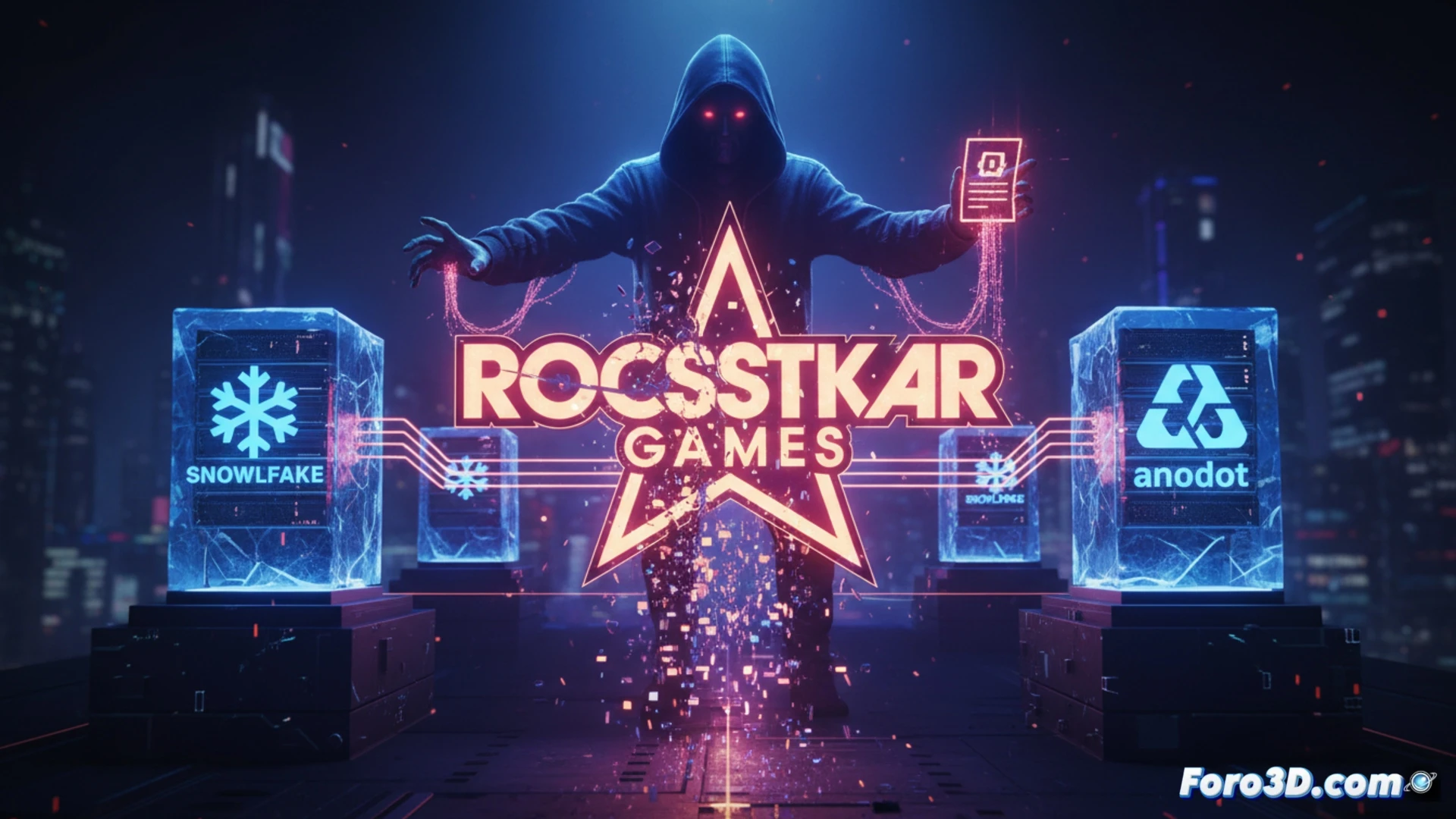 Una pantalla con código de error y el logo de Rockstar Games, sobre un fondo de datos digitales fugándose.