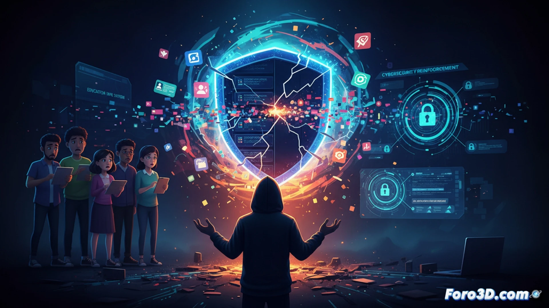 Una pantalla de ordenador escolar muestra una noticia sobre la filtración, con datos personales de estudiantes visibles y difuminándose.