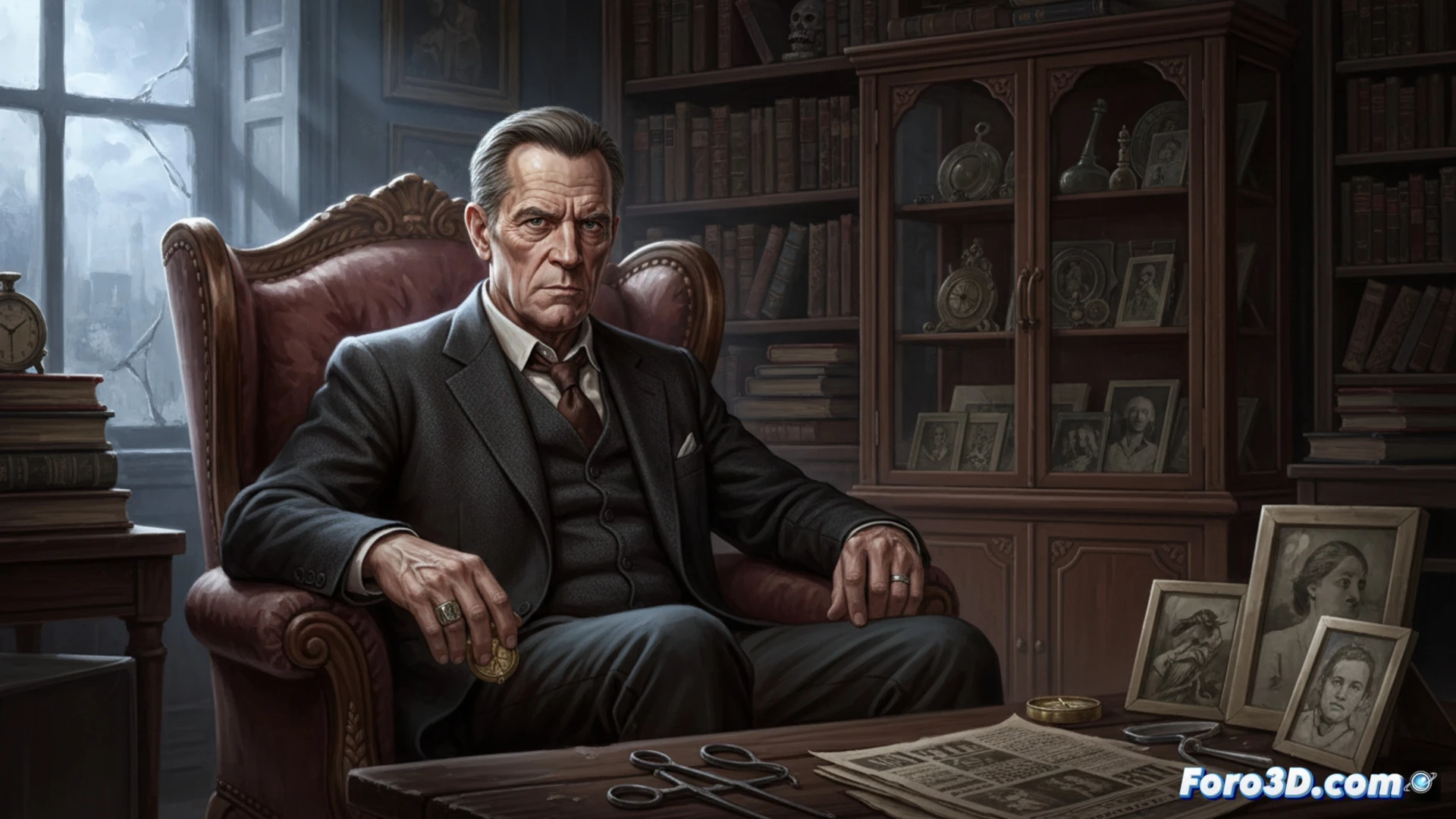 Un anciano Brian Cox, con mirada penetrante y siniestra, observa desde la sombra un mapa de Nueva York marcado con cruces rojas.