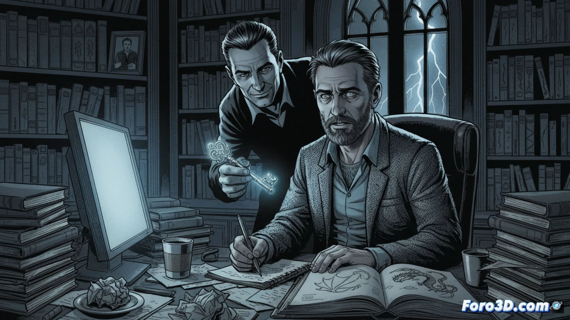 Un escritor frustrado frente a una pila de manuscritos, sombras alargadas y un libro abierto que brilla con un resplandor rojizo.