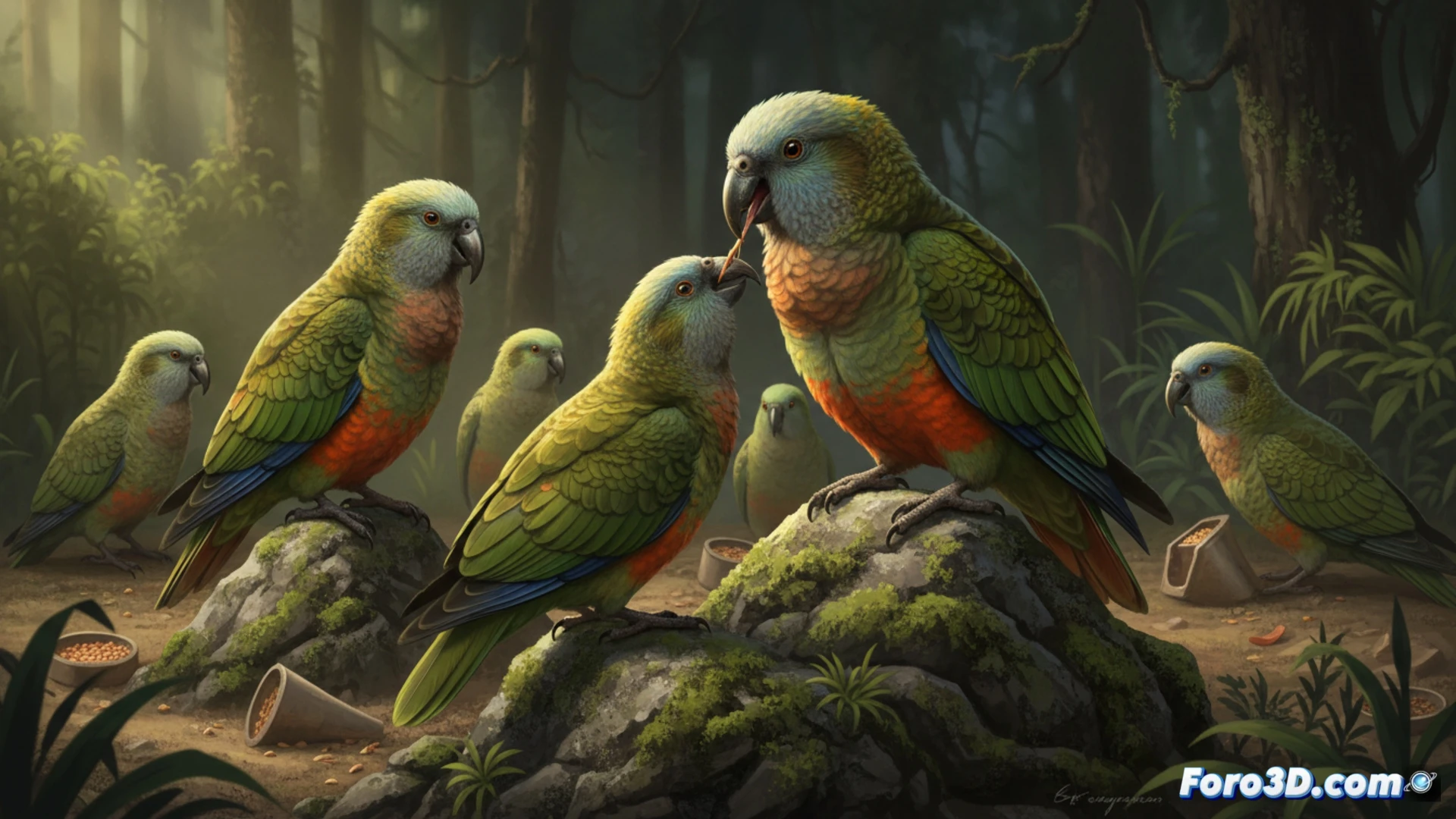 Un kea con la mitad superior del pico faltante, posado erguido y dominante sobre una roca, observando a otros keas.