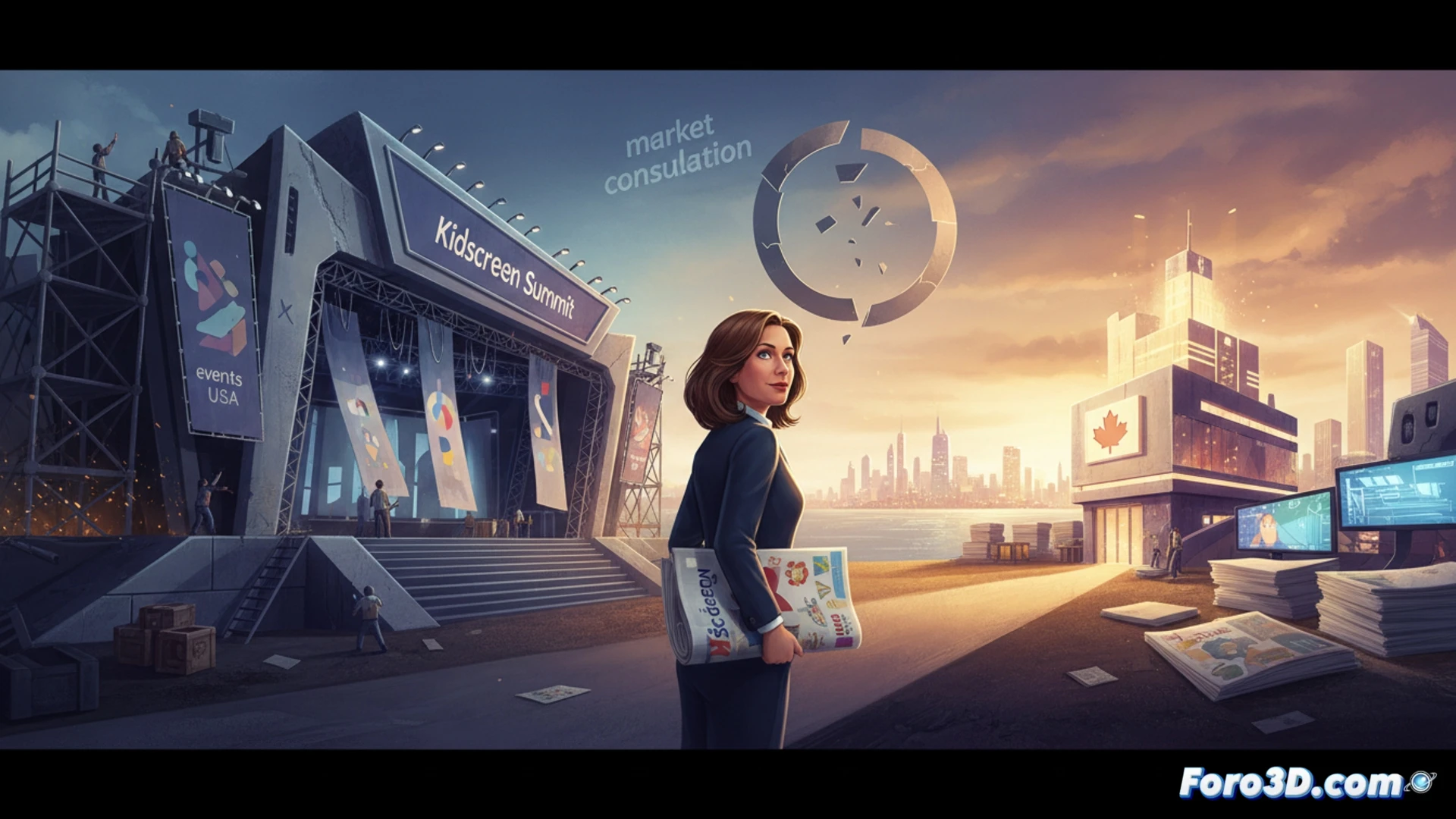 Una puerta de conferencia se cierra, con el logo de Kidscreen Summit desvaneciéndose en la pared.