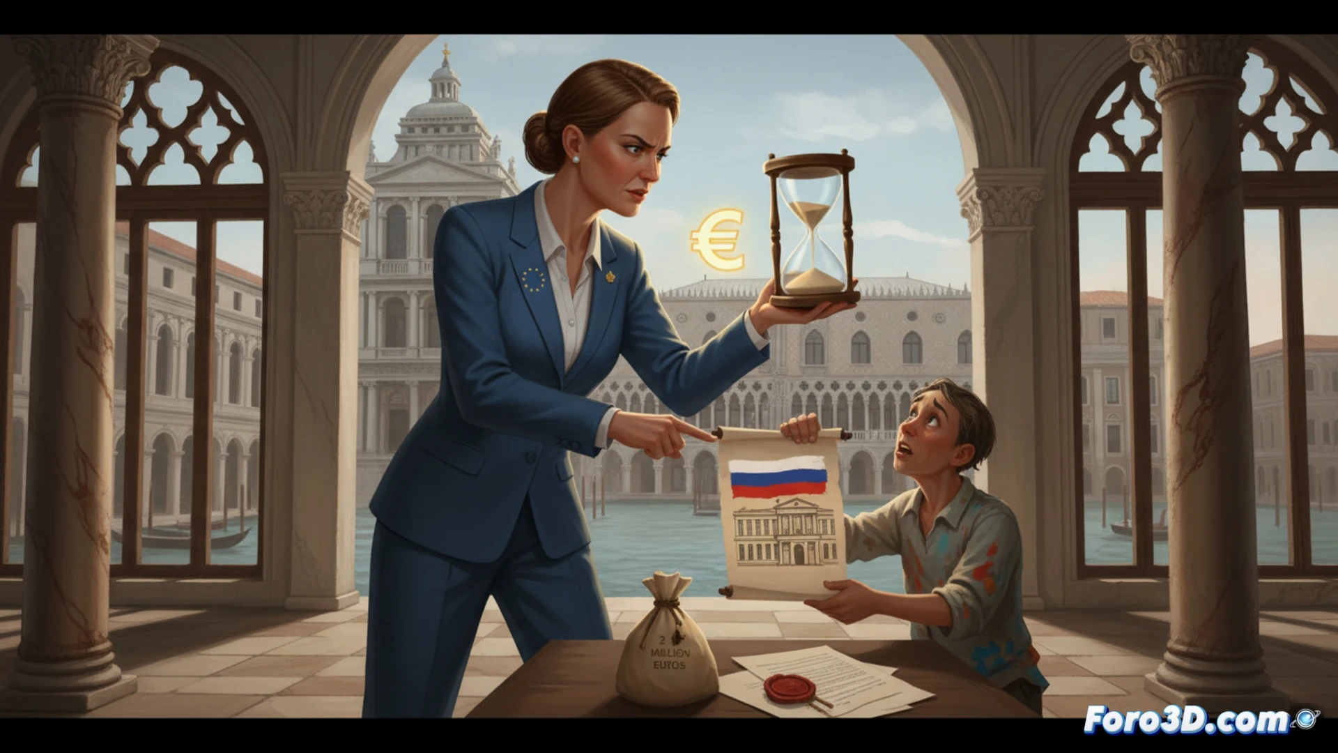 Descripción para imagen: Fachada de la Bienal de Venecia con banderas de la UE y Rusia enfrentadas, un reloj de arena sobre un sobre oficial, y monedas de euro cayendo.