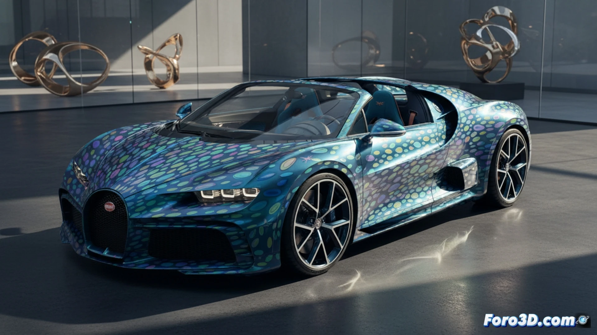 Bugatti W16 Mistral Fly Bug en gris plateado, con patrón de elipses iridiscentes azul verdoso que imitan alas de libélula sobre la carrocería.