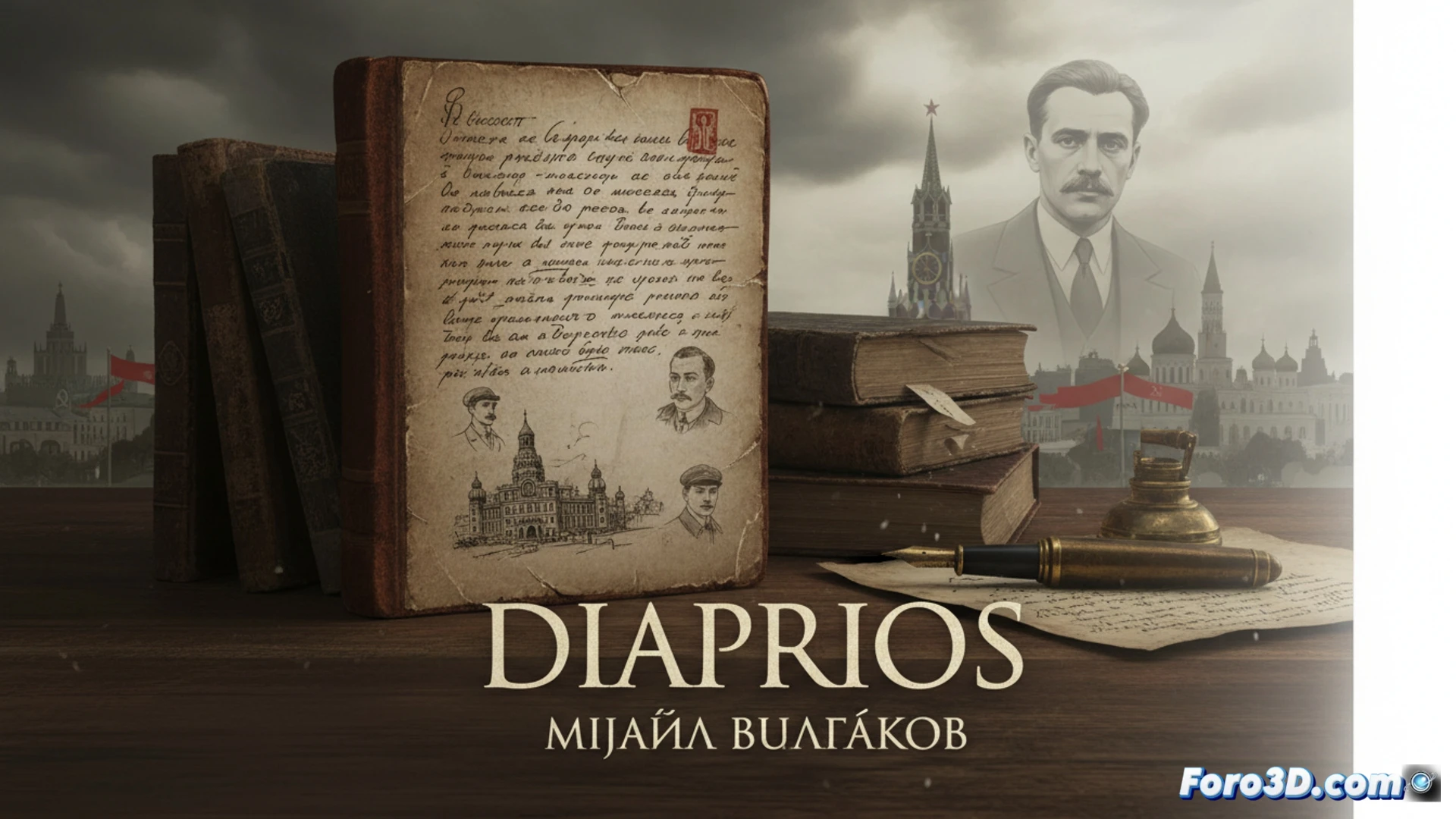 Un busto digital de Bulgákov se alza sobre líneas de código y archivos censurados, fusionando arte y memoria.