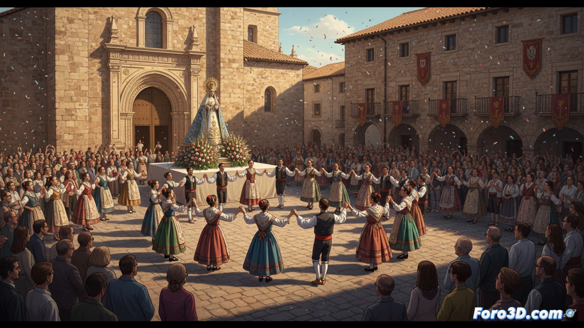 Plaza de les Monges abarrotada, vecinos danzando en corro alrededor de la Mare de Déu, con trajes típicos y ambiente festivo.